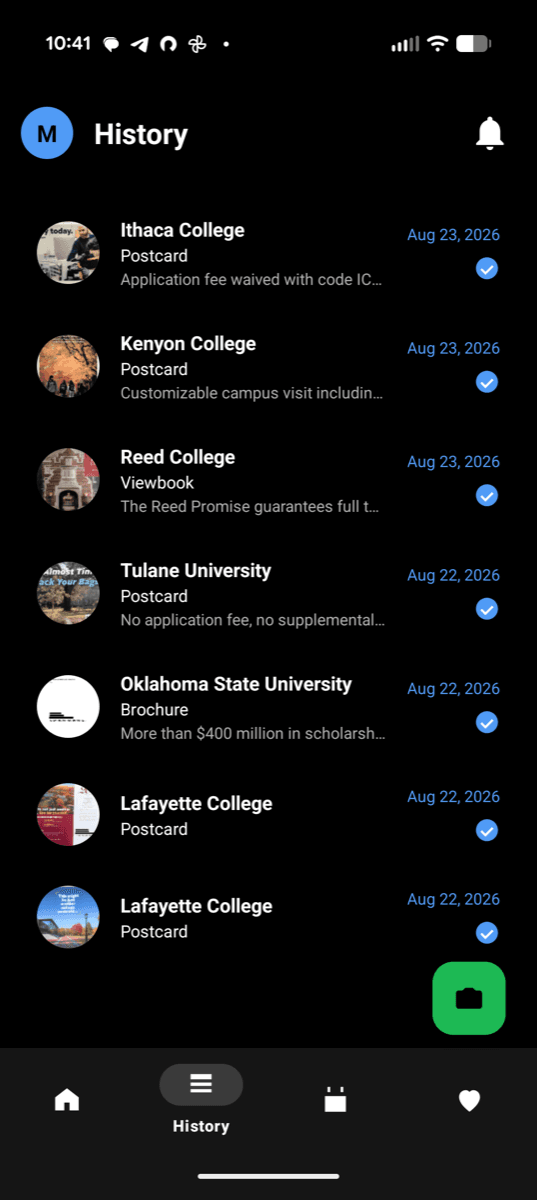 The MyCollegeMail app showing a history of scanned mail — Ithaca College, Kenyon College, Reed College and more, each with its mail type and the offer it contained.