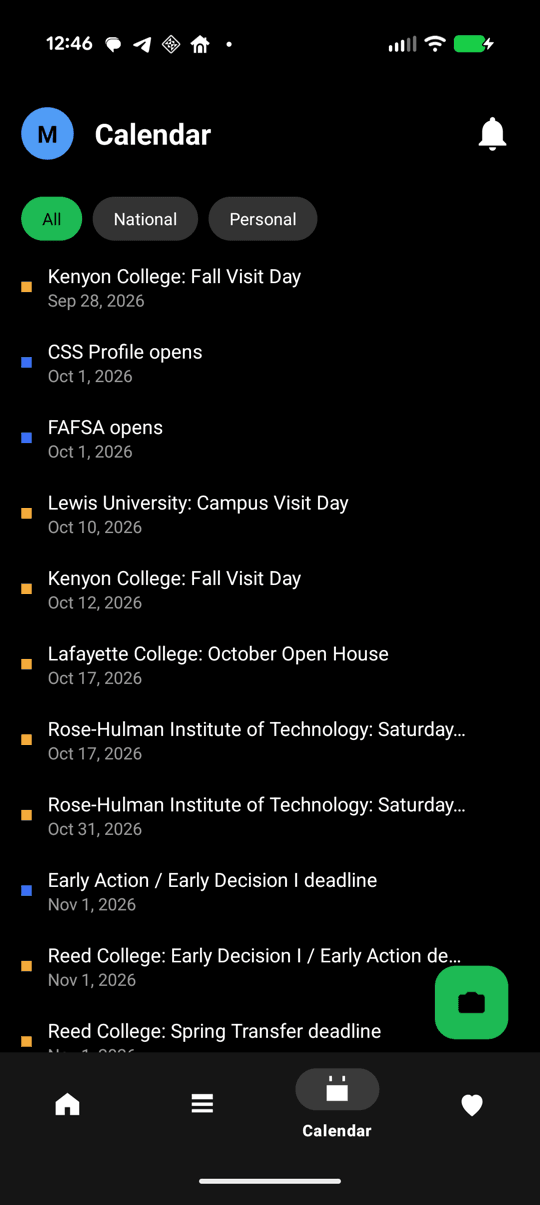The app's calendar, with All / National / Personal filters above a dated list. Blue markers sit beside national dates like FAFSA and the Early Decision deadline; orange ones beside visit days and deadlines pulled from the student's own mail.