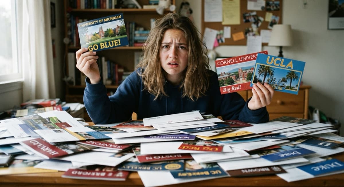 A student overwhelmed by a pile of college mail