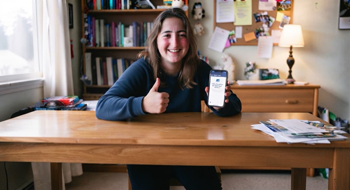 A student giving a thumbs up after organizing their mail with MyCollegeMail