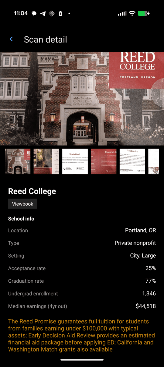 A scanned Reed College viewbook in the app, labelled automatically: the mail type, every page, the school's location, acceptance rate, graduation rate, enrollment and median earnings, and the offer it contained.
